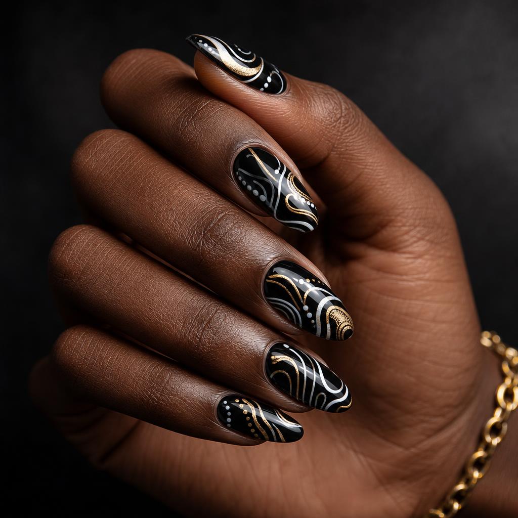 Nail art de líneas abstractas en dorado y blanco sobre base negra